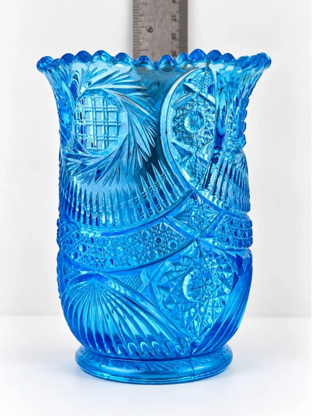 Vintage Aqua Blue UV Reactive Pressed Glass Vase Pineapple & Fan